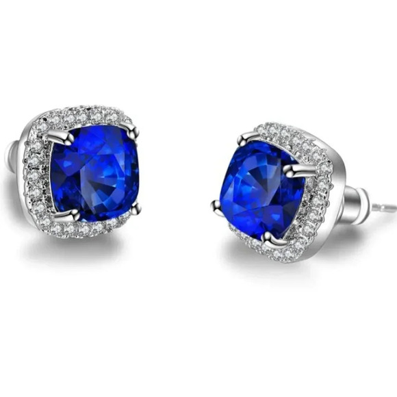 18k White Gold Sapphire Diamond Halo Earrings - Picture 3 of 5